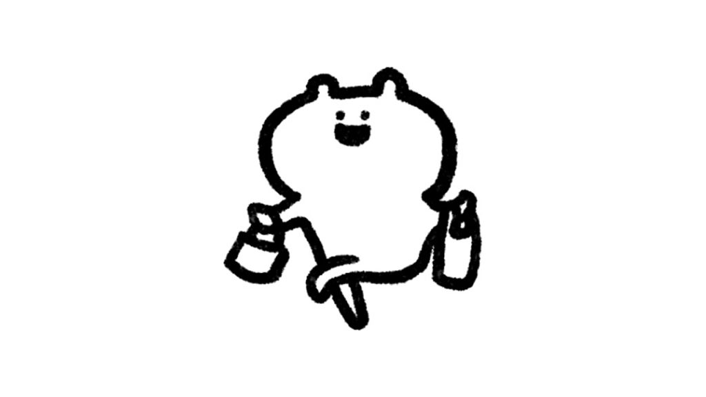 A bear is walking while holding shopping bags in both hands.